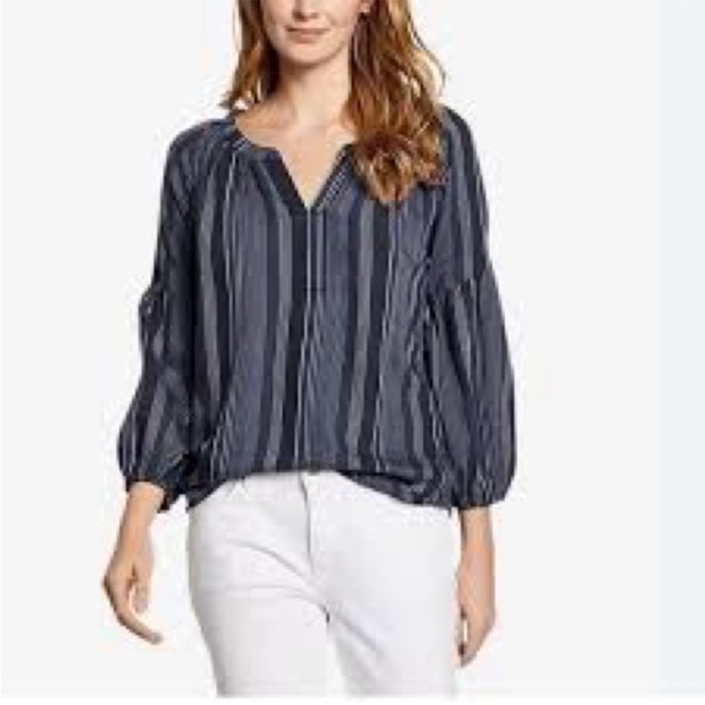 Eddie Bauer Navy Striped Popover Peasant 3/4 Sleeve Blouse, size XS - Picture 1 of 9